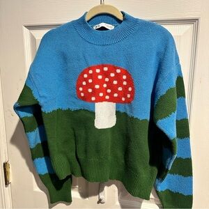 Zara Blue and Green Sweater with Mushroom Design—Never Worn